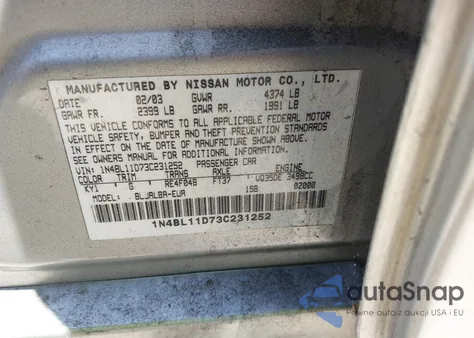 2003 Nissan Altima 3.5 Se из США, поврежденный, VIN 1N4BL11D73C231252